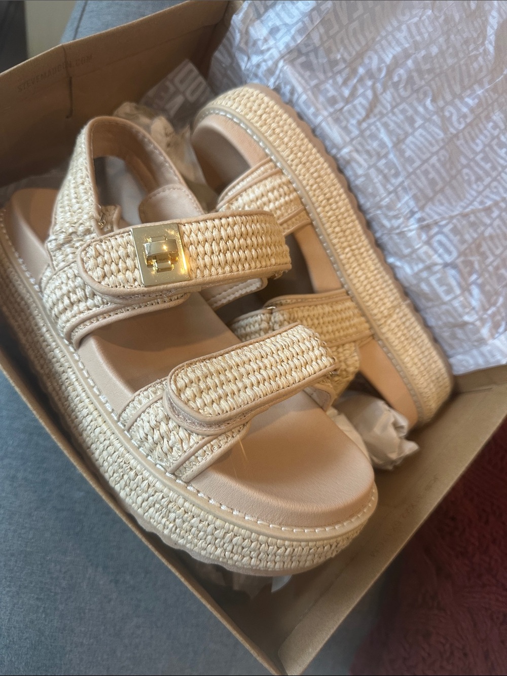 Steve Madden Beige Woven Platform Sandals with Gold Buckle